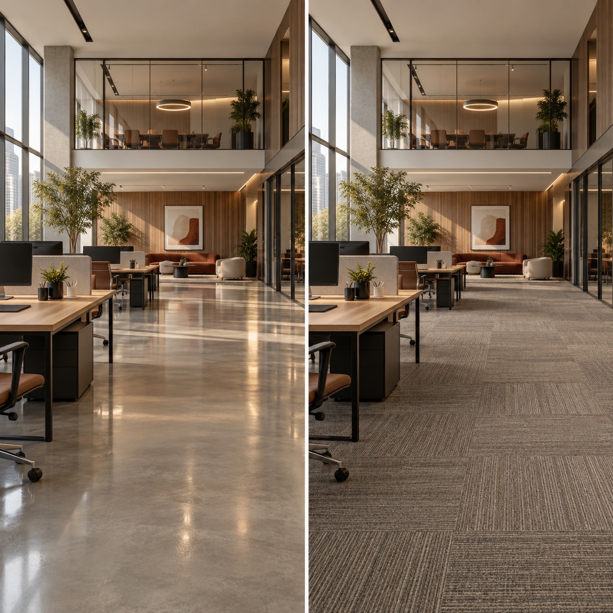 Room before and after acoustic carpet tiles