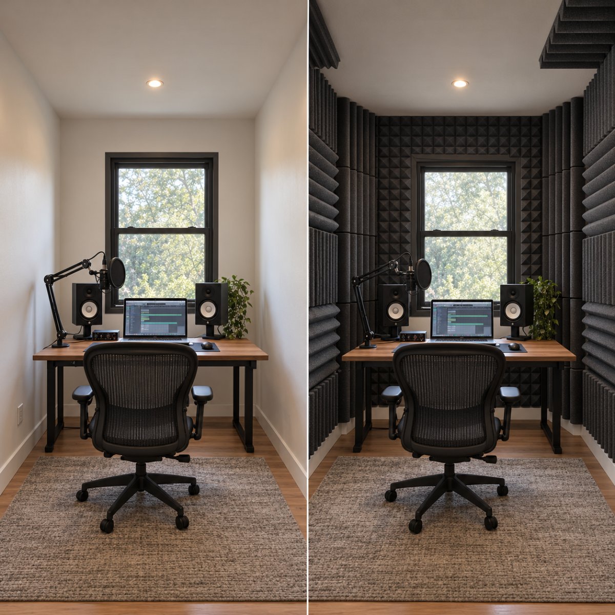 Studio before and after acoustic foam