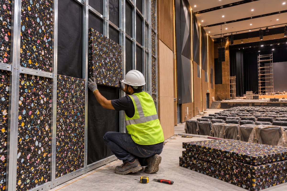 BassBloc low frequency absorber in an auditorium wall cavity