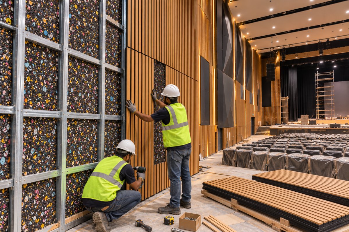 Wooden acoustic panel finish in an auditorium