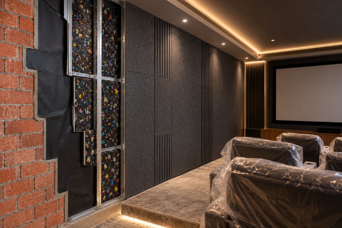 Home theatre walls with isolation and acoustic panels
