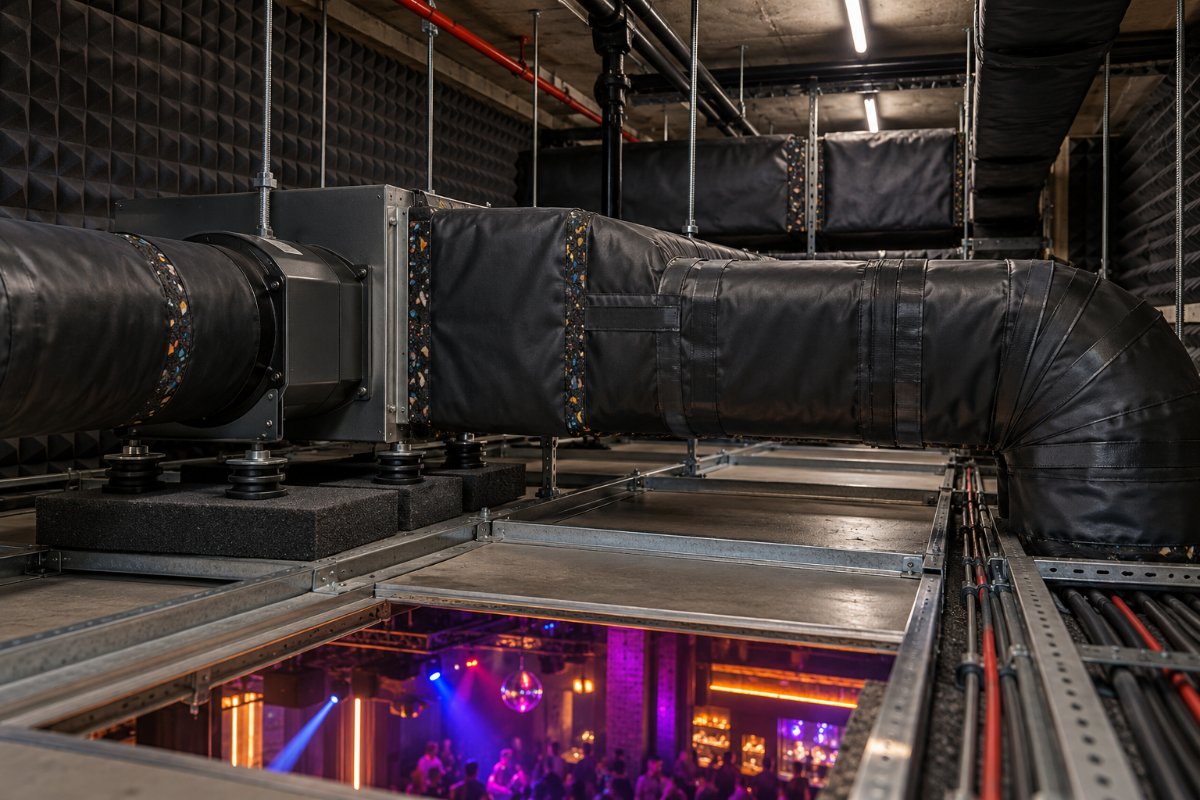 Nightclub plant, ducts and services with noise control