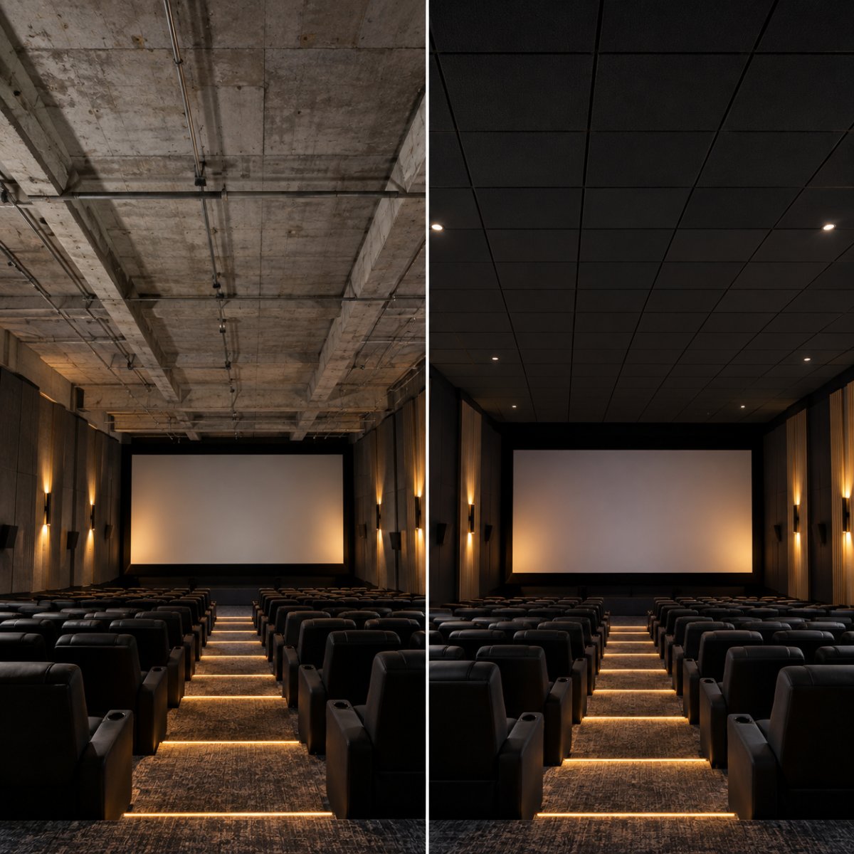 Cinema ceiling before and after fibreglass tiles