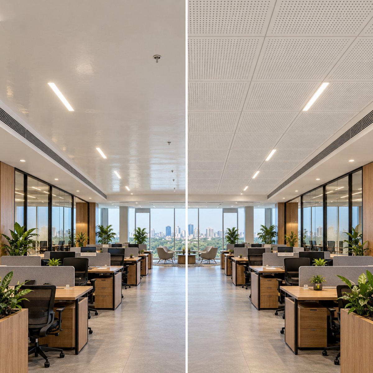 Ceiling before and after metal acoustic tiles