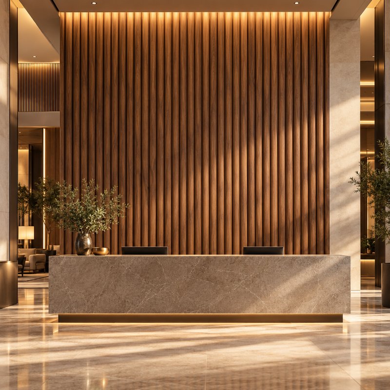 Hospitality: wooden fluted acoustic panels in Doha
