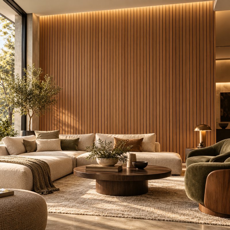 Luxury interiors: wooden fluted acoustic panels in Doha